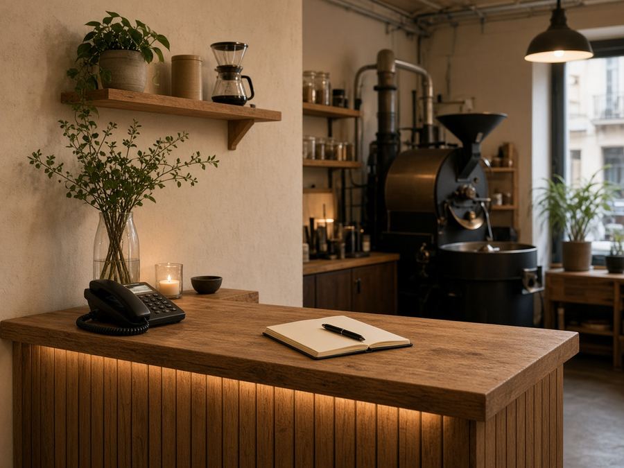 Contact desk at Roastery Golden Comet in Patras